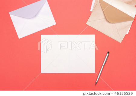 Creative workspace desk on trendy coral background. Creative workspace desk on trendy coral background. 46136529