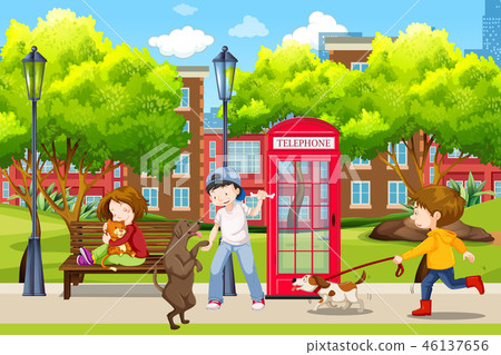 People and their pets in park People and their pets in park 46137656