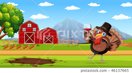 Turkey holding wine glass in farm scene Turkey holding wine glass in farm scene 46137665