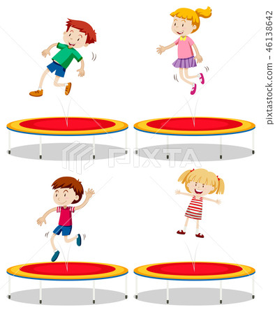 Set of children playing trampoline Set of children playing trampoline 46138642