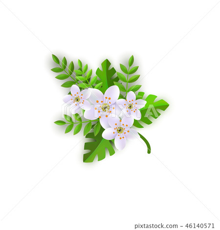 Floral composition vector illustration - branch of elegant white flowers and green leaves. 46140571