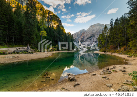 Lake Braies Pragser Wildsee in Dolomites at sunset, Sudtirol, Italy. 46141838