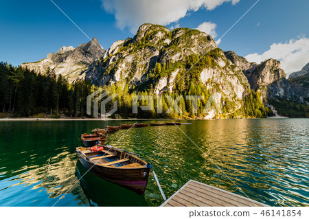 Lake Braies Pragser Wildsee in Dolomites at sunset, Sudtirol, Italy. 46141854