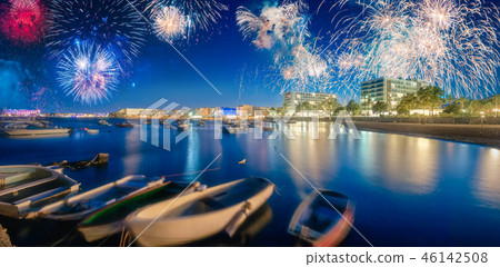 Beautiful fireworks above San Antonio beach on Ibiza, Spain 46142508