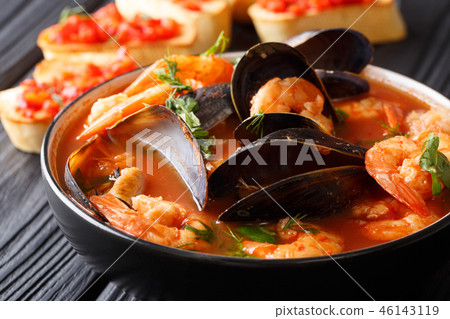 Freshly cooked seafood bouillabaisse soup 46143119