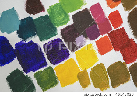 Set of different bright smears of paints on white palette, abstract colorful background for all 46143826