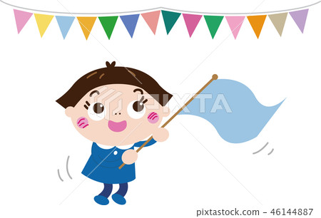 歡呼和揮動旗幟(藍色衣服系列3中的女孩) 歡呼和揮動旗幟(藍色衣服系列3中的女孩) 46144887