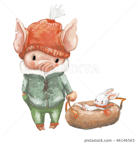 Cute pig and little hare on sleigh Cute pig and little hare on sleigh 46146563