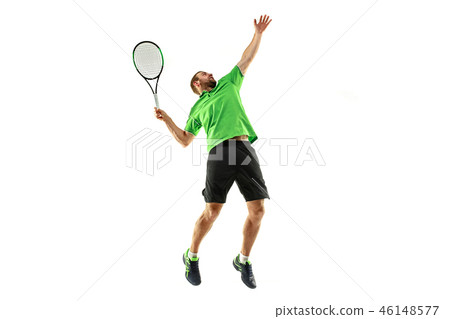 one caucasian man playing tennis player isolated on white background one caucasian man playing tennis player isolated on white background 46148577