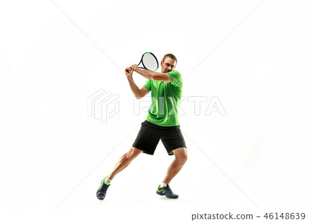 one caucasian man playing tennis player isolated on white background one caucasian man playing tennis player isolated on white background 46148639