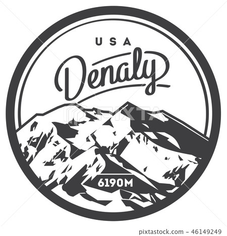 Denali in Alaska Range, North America, USA outdoor adventure badge. McKinley mountain illustration. Denali in Alaska Range, North America, USA outdoor adventure badge. McKinley mountain illustration. 46149249