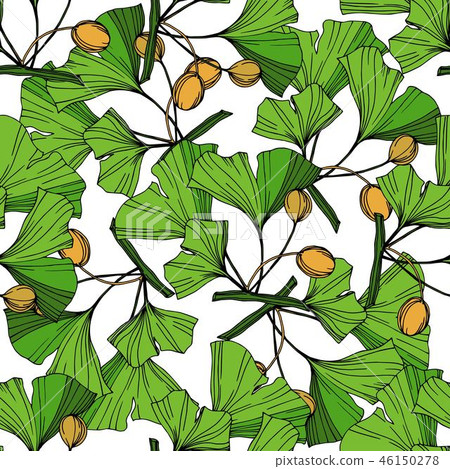 Vector Green ginkgo leaf. Engraved ink art. Seamless background pattern. Fabric wallpaper print Vector Green ginkgo leaf. Engraved ink art. Seamless background pattern. Fabric wallpaper print 46150278