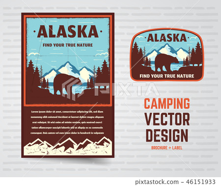 USA poster and badge. Alaska with mountains, bear and forest landscape. Vintage flyer design. Stock USA poster and badge. Alaska with mountains, bear and forest landscape. Vintage flyer design. Stock 46151933