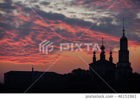 Silhouette of the church of Michael the Archangel at sunrise. Mikhali village, Suzdal 46152861