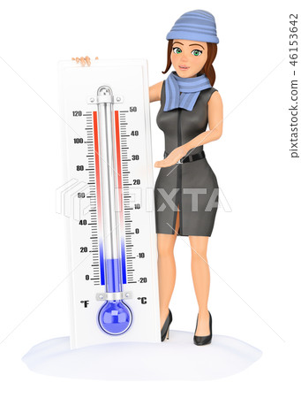 3D Business woman with cold thermometer on snow 46153642