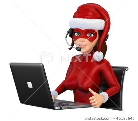 3D Woman christmas superhero with laptop 3D Woman christmas superhero with laptop 46153645