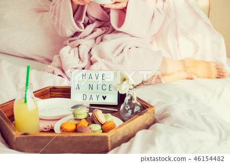 Breakfast in bed with Have a nice day text Breakfast in bed with Have a nice day text 46154482