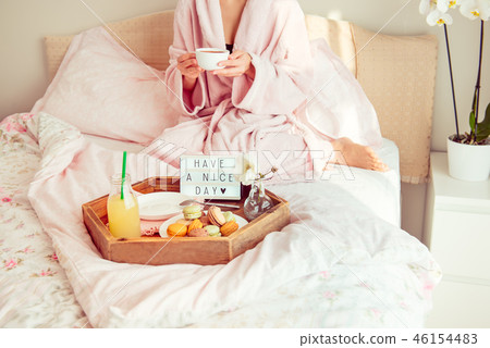 Good morning concept. Breakfast in bed with Good morning concept. Breakfast in bed with 46154483