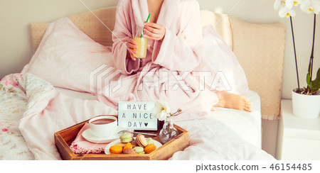 Breakfast in bed with Have a nice day text Breakfast in bed with Have a nice day text 46154485
