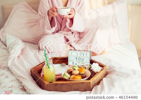 Romantic Breakfast in bed with I love you text 46154490