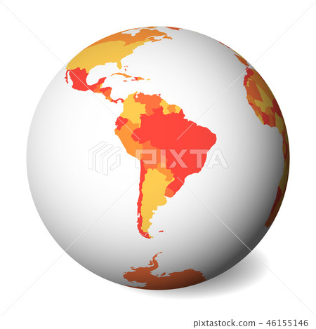 Blank political map of South America. 3D Earth globe with orange map. Vector illustration 46155146