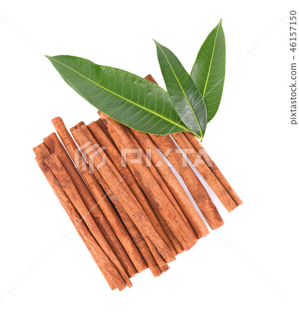 Top view of cinnamon stick spice white background 46157150