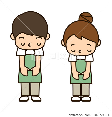 圍裙工作人員男女鞠躬 圍裙工作人員男女鞠躬 46159391