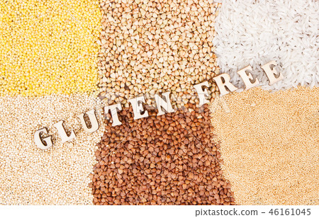 Gluten free inscription, heap of rice and groats Gluten free inscription, heap of rice and groats 46161045