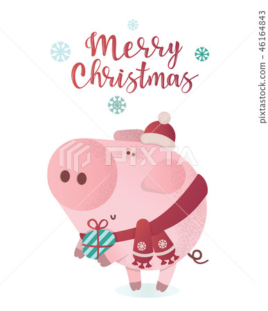 Cute piggy in a winter scarf with a present 46164843