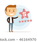 Happy young man puts five stars. Online reviews.  46164970