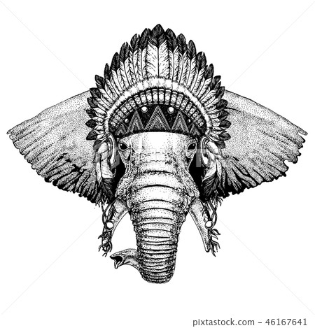 Elephant. Zoo. Wild animal wearing inidan headdress with feathers. Boho chic style illustration for Elephant. Zoo. Wild animal wearing inidan headdress with feathers. Boho chic style illustration for 46167641