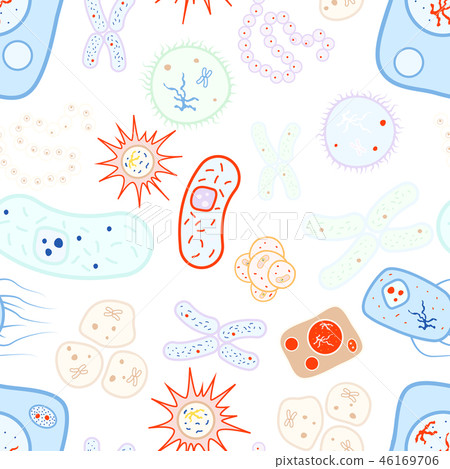 Bright colorful biology cells, bacterias and virus, seamless pattern on white 46169706
