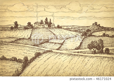Hand drawn ink sketch rural landscape. 46171024