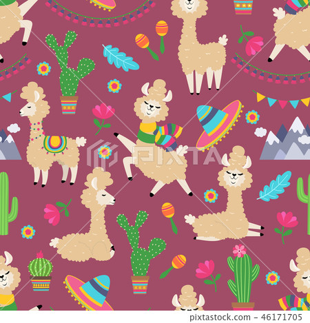 Llama seamless pattern. Alpaca baby and cactus girly textile texture. Lama tribal concept Llama seamless pattern. Alpaca baby and cactus girly textile texture. Lama tribal concept 46171705