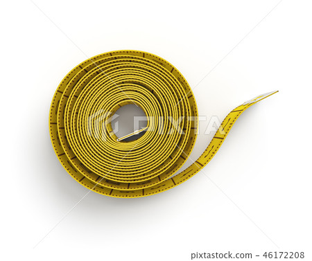 3d rendering of a yellow flexible sewing tape measure in a complete unwound state on a white 46172208