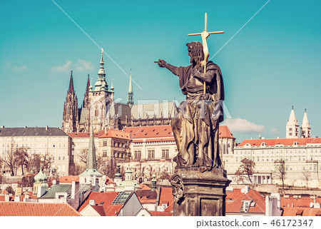 Statue of saint, Charles Bridge and Prague castle Statue of saint, Charles Bridge and Prague castle 46172347