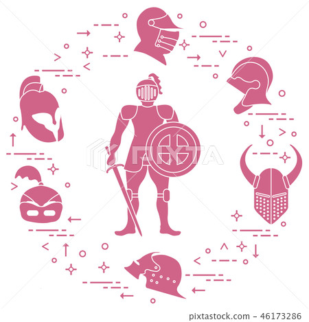 Knight with shield, sword, and different helmets Knight with shield, sword, and different helmets 46173286