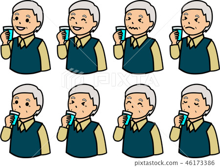 Various facial expressions of an elderly man drinking water in a glass Various facial expressions of an elderly man drinking water in a glass 46173386