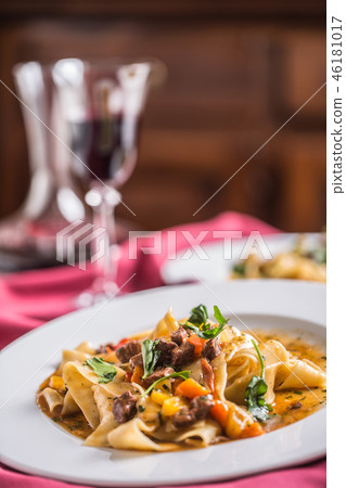 Idalian pasta pappardelle with beef ragout. Idalian pasta pappardelle with beef ragout. 46181017