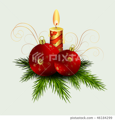 Christmas composition of green spruce branches, a burning candle, balls with snowflakes, 46184299