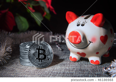 Greeting card with money box, bitcoins, copy space 46186988
