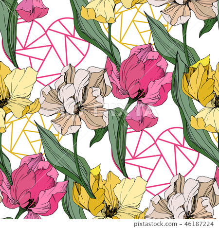 Vector Tulip engraved ink art. Floral botanical flower. Seamless background pattern. Fabric Vector Tulip engraved ink art. Floral botanical flower. Seamless background pattern. Fabric 46187224