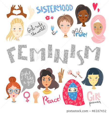 Femenism. Collection of women portraits and feminism signs and s 46187432