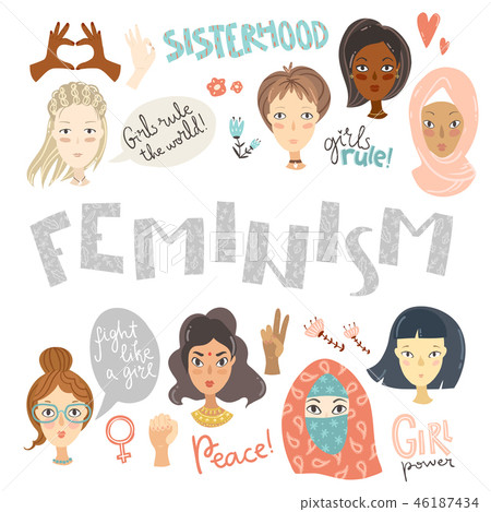 Feminism. Collection of women portraits and feminism signs and s 46187434