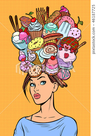 Hungry woman thoughts concept. Sweets baking birthday Hungry woman thoughts concept. Sweets baking birthday 46187725