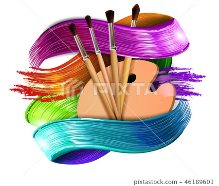 Drawing tools cartoon elements colorful vector concept. Art supplies: palette, brushes, watercolor 46189601