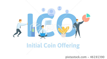 Initial Coin Offering, ICO. Concept with computer user, letters and icons. Flat vector illustration Initial Coin Offering, ICO. Concept with computer user, letters and icons. Flat vector illustration 46191390