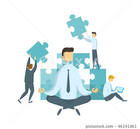 Businessman in lotus pose watching puzzle pieces being put together. Teamwork and leadership. Leader 46191861