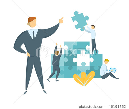 Teamwork and leadership concept. Leader guiding his team towards success. Businessmen with giant 46191862