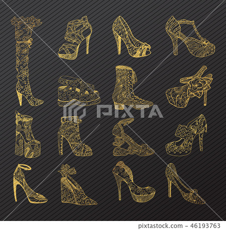 Set of isolated sketches of golden woman shoes 46193763